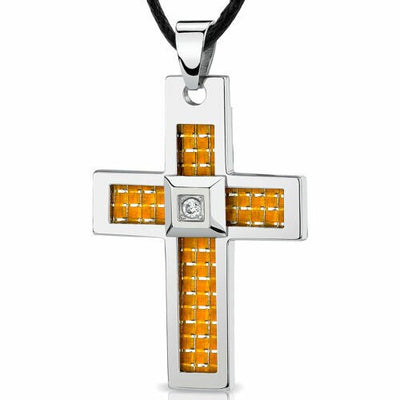 Steel Large Cross Pendant with Yellow-White Carbon Fiber inlay