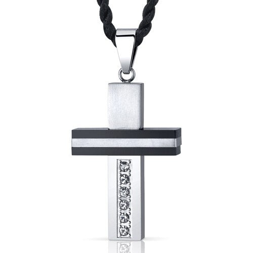Steel and Ceramic Modern Cross Pendant with Cubic Zirconia