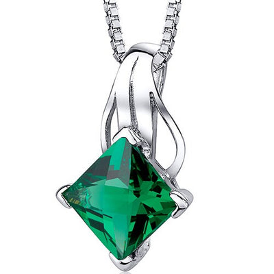 Emerald Pendant Necklace Sterling Silver Princess Cut 2 Carats