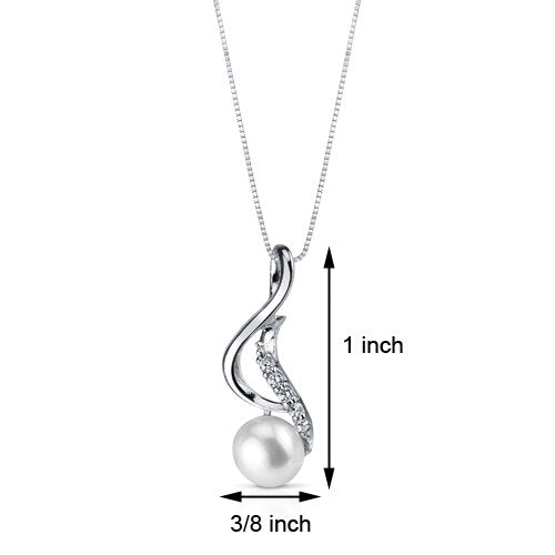 Freshwater Cultured 7mm White Pearl Wave Drop Pendant Necklace Sterling Silver