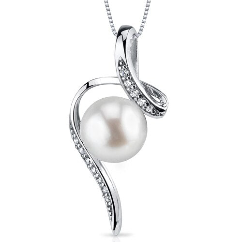 Freshwater Cultured 8mm White Pearl Floating Pendant Necklace Sterling Silver