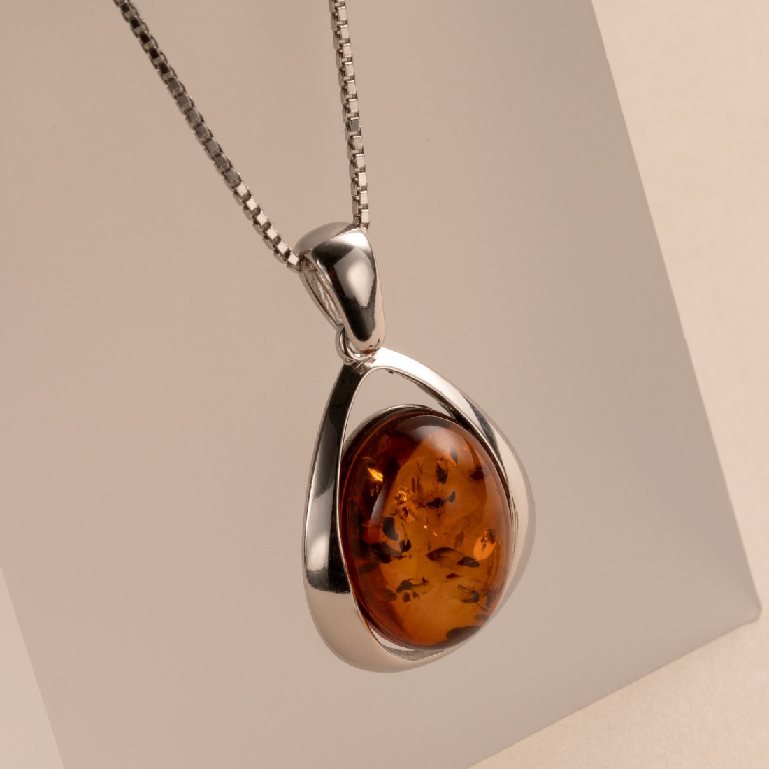 Vintage Sterling Silver Large Modernist Amber Pendant Necklace 25.8 Grams