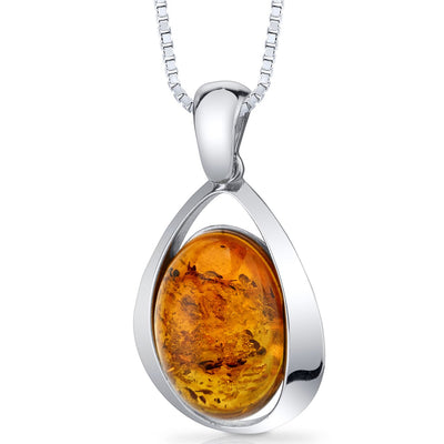 Baltic Amber Large Pendant Necklace Sterling Silver Cognac Oval