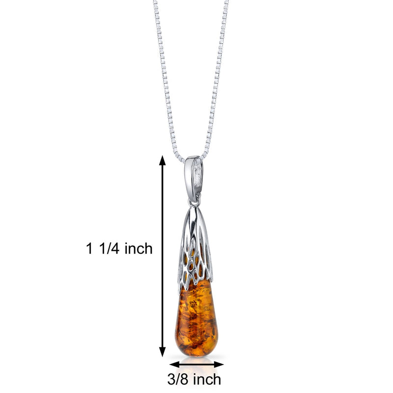 Baltic Amber Drop Pendant Necklace Sterling Silver Cognac Color