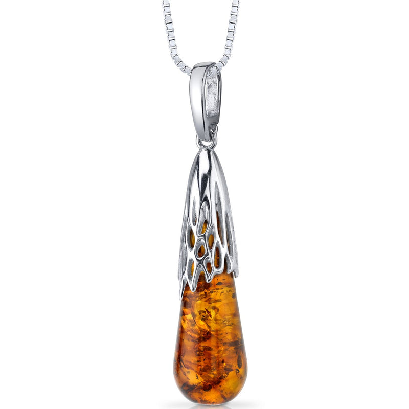 Baltic Amber Drop Pendant Necklace Sterling Silver Cognac Color