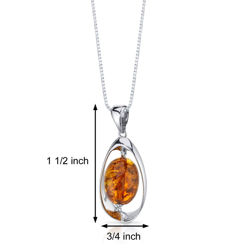 Amber Pendant Necklace Sterling Silver Cognac Color Large Oval