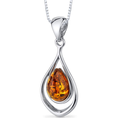 Baltic Amber Pendant Necklace Sterling Silver Cognac Tear Drop