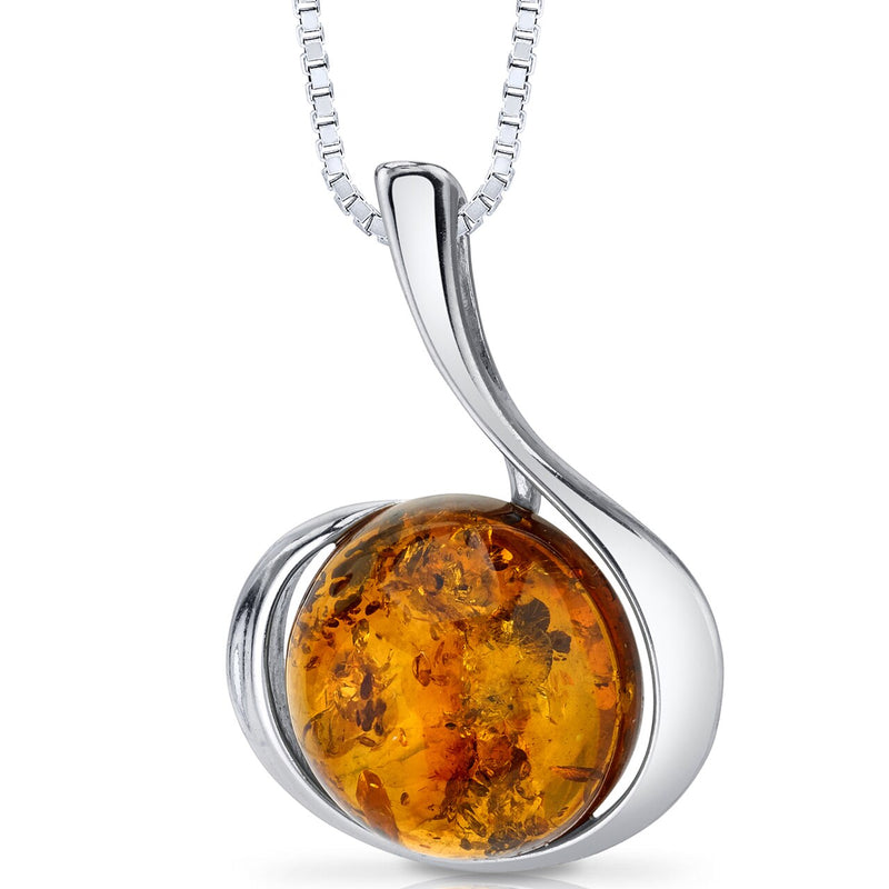 Baltic Amber Large Round Pendant Necklace Sterling Silver Cognac