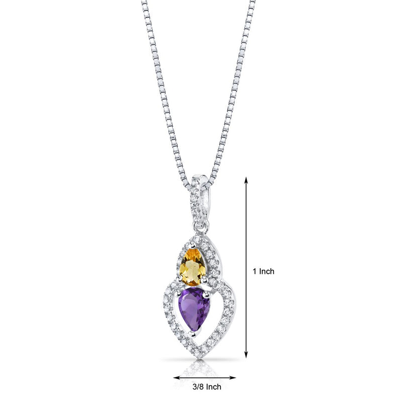 Amethyst and Citrine Pendant Necklace Sterling Silver Pear Shape 0.75 Carats Total