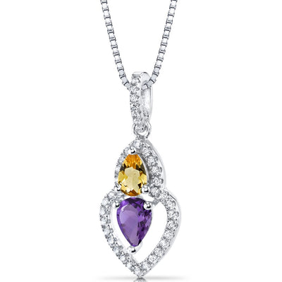 Amethyst and Citrine Pendant Necklace Sterling Silver Pear Shape 0.75 Carats Total