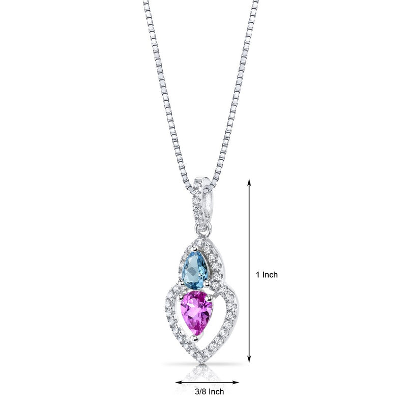 Created Pink Sapphire and Swiss Blue Topaz Pendant Necklace Sterling Silver Pear Shape 1.50 Carats Total