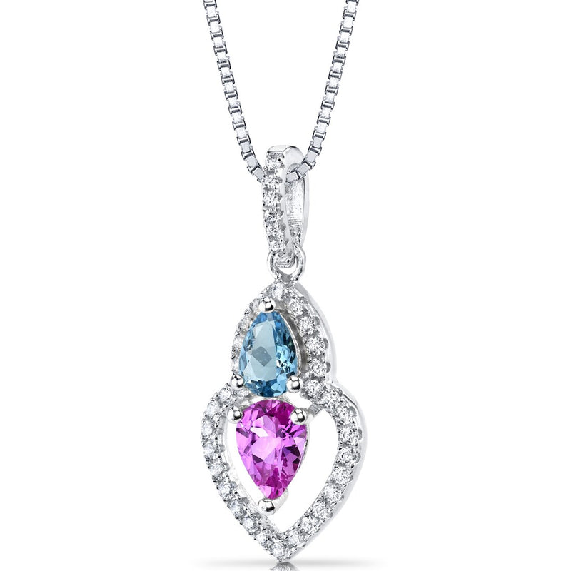 Created Pink Sapphire and Swiss Blue Topaz Pendant Necklace Sterling Silver Pear Shape 1.50 Carats Total