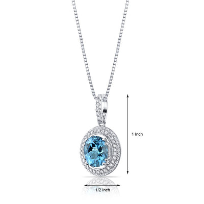 Swiss Blue Topaz Halo Pendant Necklace Sterling Silver 2.75 Carats