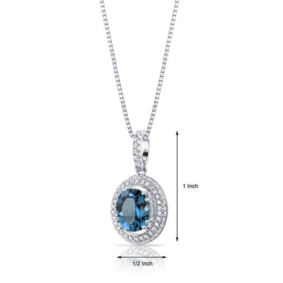 London Blue Topaz Halo Pendant Necklace Sterling Silver 3.00 Carats