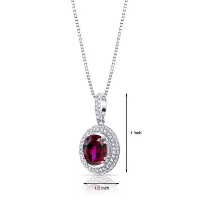 Created Ruby Halo Pendant Necklace Sterling Silver 3.75 Carats