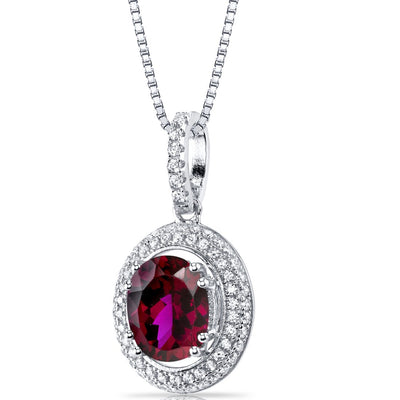 Created Ruby Halo Pendant Necklace Sterling Silver 3.75 Carats