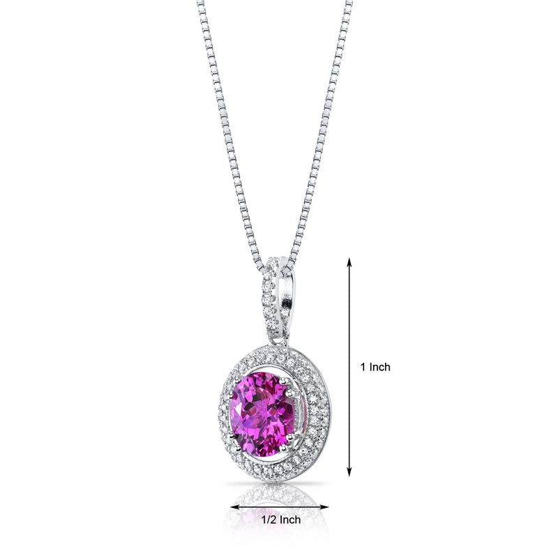 Created Pink Sapphire Halo Pendant Necklace Sterling Silver 3.75 Carats