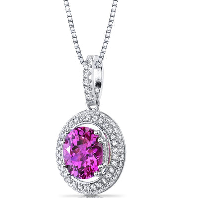 Created Pink Sapphire Halo Pendant Necklace Sterling Silver 3.75 Carats
