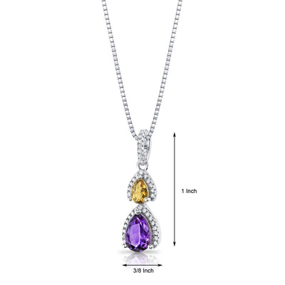 Amethyst and Citrine Open Halo Pendant Necklace Sterling Silver 2 Stone 1.25 Carats Total