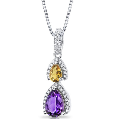 Amethyst and Citrine Open Halo Pendant Necklace Sterling Silver 2 Stone 1.25 Carats Total