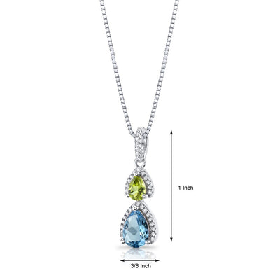 Swiss Blue Topaz and Peridot Open Halo Pendant Necklace Sterling Silver 2 Stone 1.75 Carats Total