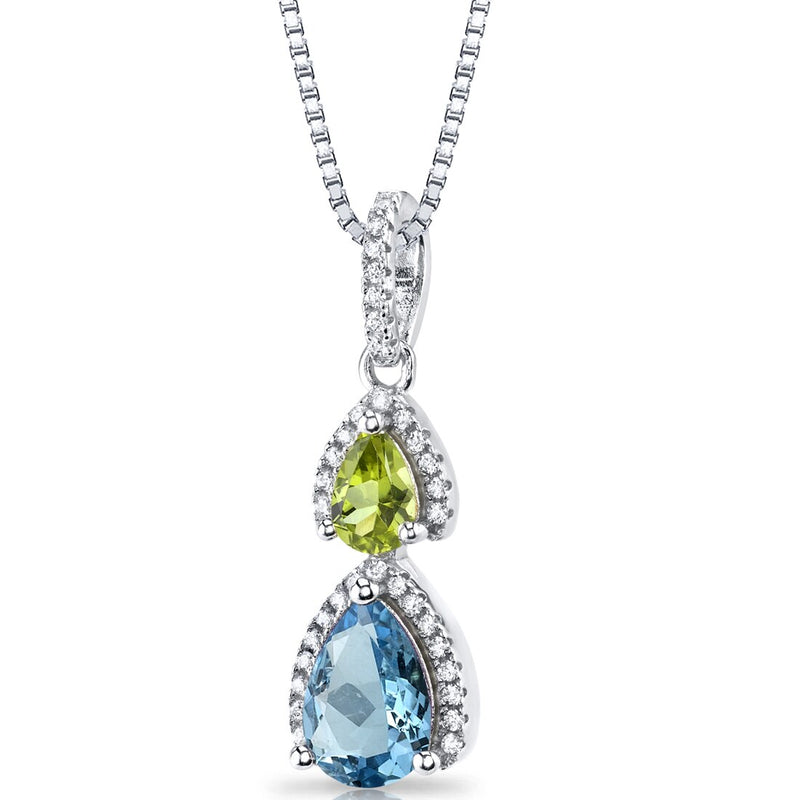 Swiss Blue Topaz and Peridot Open Halo Pendant Necklace Sterling Silver 2 Stone 1.75 Carats Total