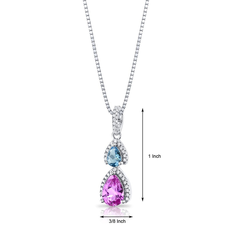Created Pink Sapphire and Swiss Blue Topaz Open Halo Pendant Necklace Sterling Silver 2 Stone 2.25 Carats Total