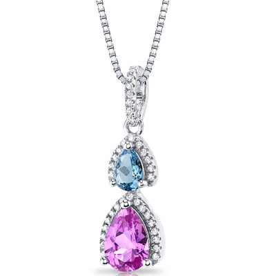 Created Pink Sapphire and Swiss Blue Topaz Open Halo Pendant Necklace Sterling Silver 2 Stone 2.25 Carats Total