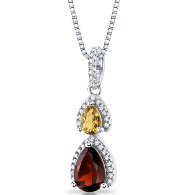 Garnet and Citrine Open Halo Pendant Necklace Sterling Silver 2 Stone 1.75 Carats Total