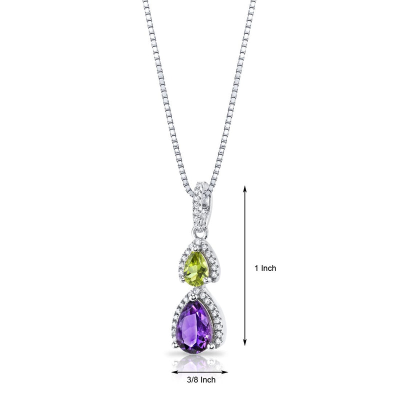 Amethyst and Peridot Open Halo Pendant Necklace Sterling Silver 2 Stone 1.50 Carats Total