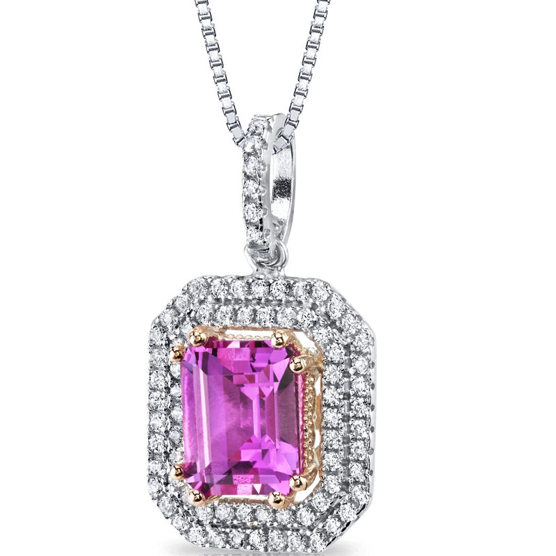 4.50 Carats Created Pink Sapphire Pendant Necklace Sterling Silver Emerald Cut