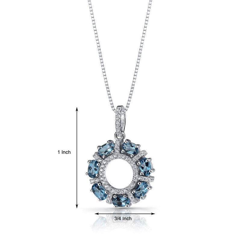 London Blue Topaz Dahlia Pendant Necklace Sterling Silver 1.75 Carats