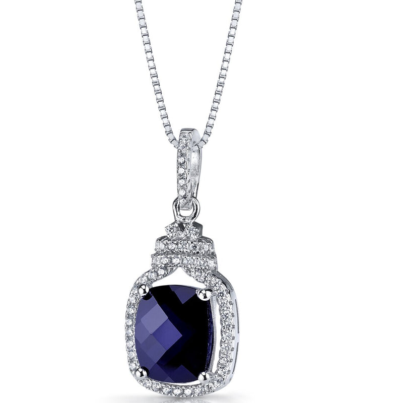 Created Blue Sapphire Halo Crown Pendant Necklace Sterling Silver 3.75 Carats