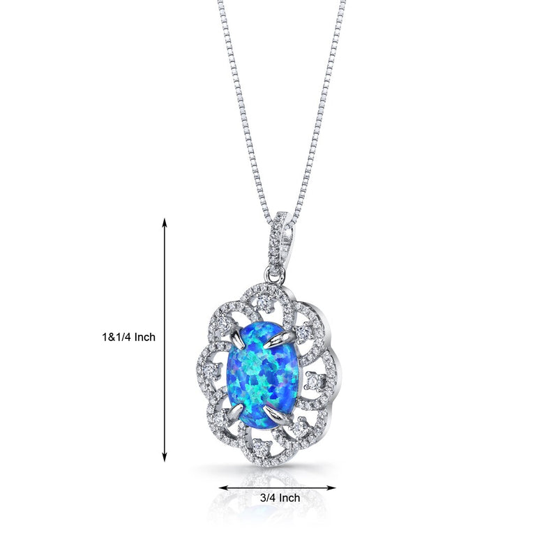 Created Blue Opal Victorian Pendant Necklace Sterling Silver 2.25 Carats