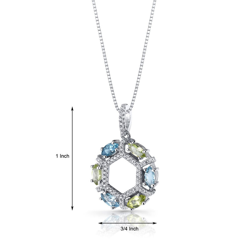 Swiss Blue Topaz and Peridot Hexagon Pendant Necklace Sterling Silver 1.5 Carats