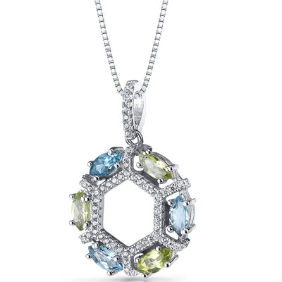 Swiss Blue Topaz and Peridot Hexagon Pendant Necklace Sterling Silver 1.5 Carats