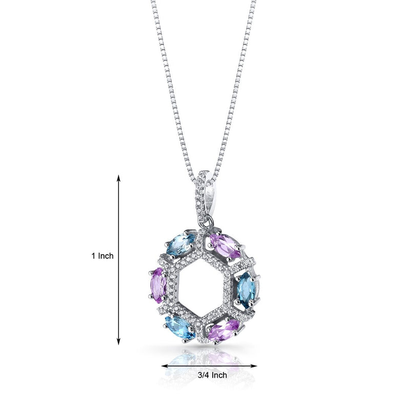 Created Pink Sapphire and Swiss Blue Topaz Hexagon Pendant Necklace Sterling Silver 1.5 Carats