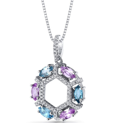 Created Pink Sapphire and Swiss Blue Topaz Hexagon Pendant Necklace Sterling Silver 1.5 Carats