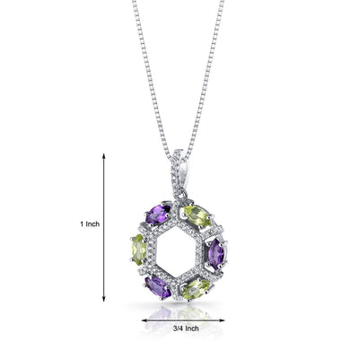 Amethyst and Peridot Hexagon Pendant Necklace Sterling Silver 1.5 Carats