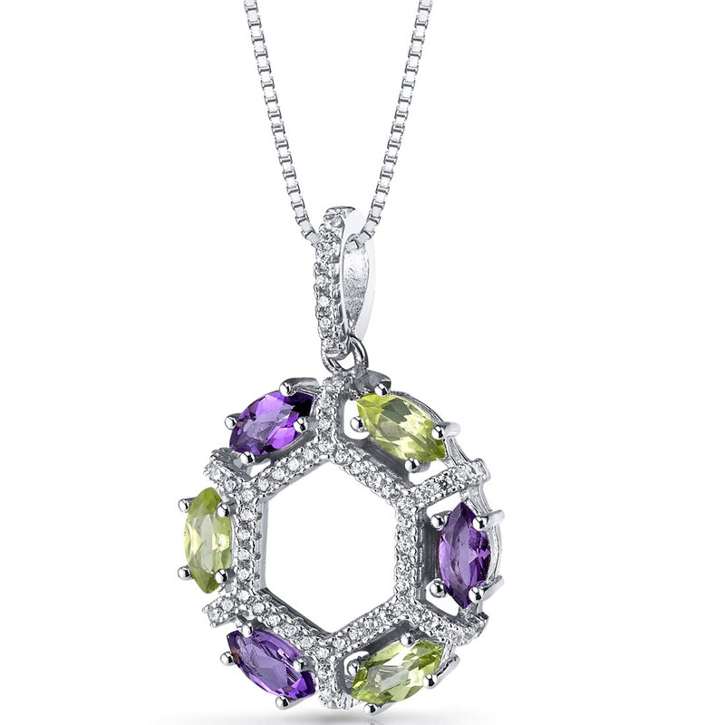 Amethyst and Peridot Hexagon Pendant Necklace Sterling Silver 1.5 Carats