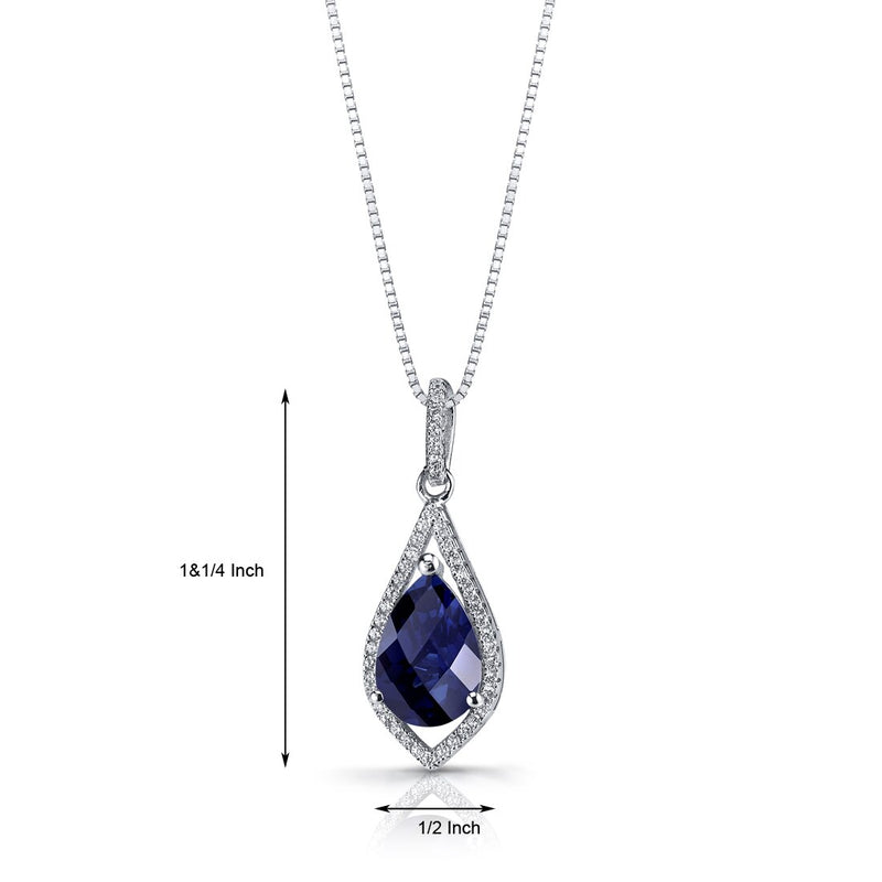 Created Blue Sapphire Teardrop Pendant Necklace Sterling Silver 3.75 Carats