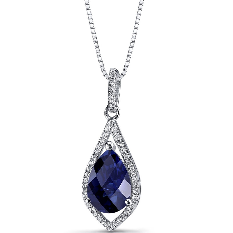 Created Blue Sapphire Teardrop Pendant Necklace Sterling Silver 3.75 Carats