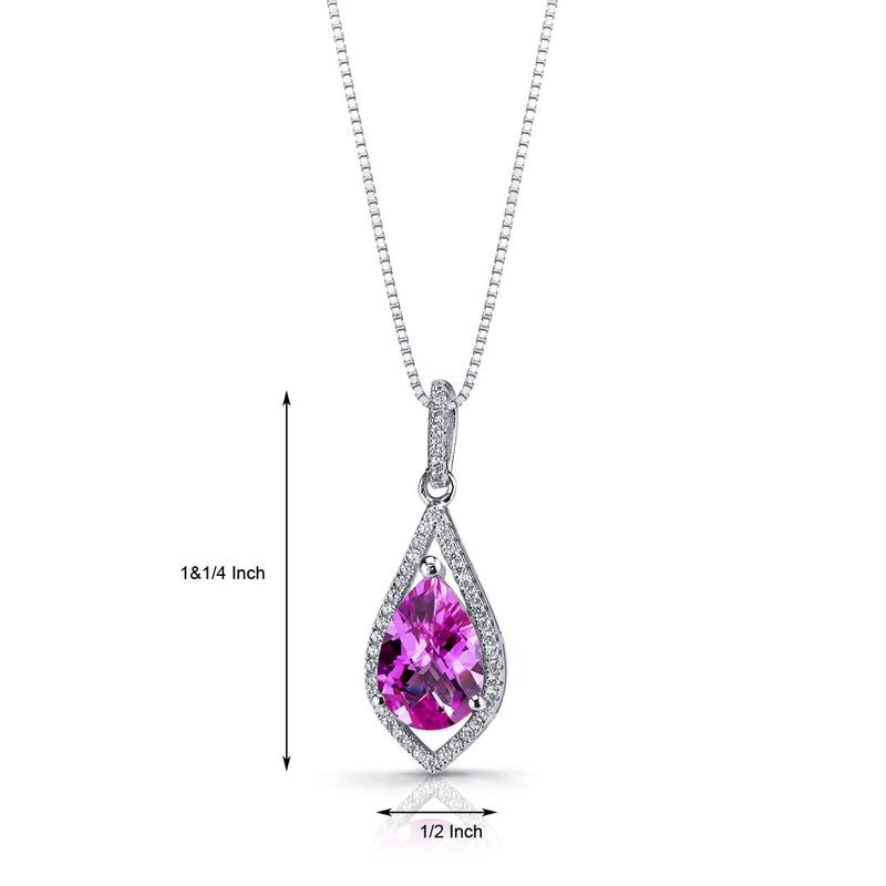 Created Pink Sapphire Teardrop Pendant Necklace Sterling Silver 4 Carats
