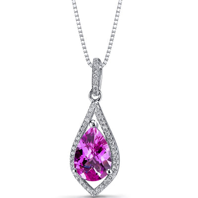 Created Pink Sapphire Teardrop Pendant Necklace Sterling Silver 4 Carats