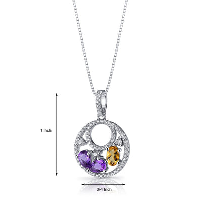 Amethyst and Citrine Double Hoop Pendant Necklace Sterling Silver 1 Carats