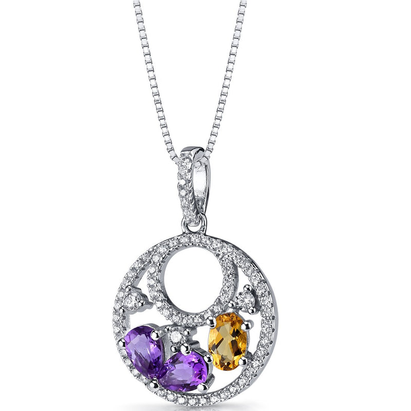 Amethyst and Citrine Double Hoop Pendant Necklace Sterling Silver 1 Carats
