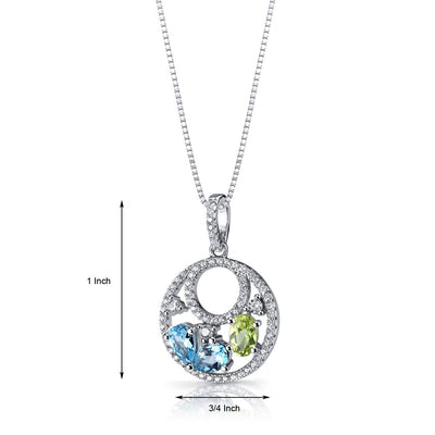 Swiss Blue Topaz and Peridot Double Hoop Pendant Necklace Sterling Silver 1.5 Carats