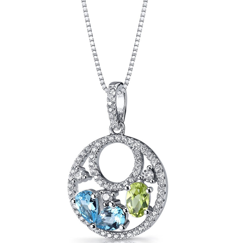 Swiss Blue Topaz and Peridot Double Hoop Pendant Necklace Sterling Silver 1.5 Carats