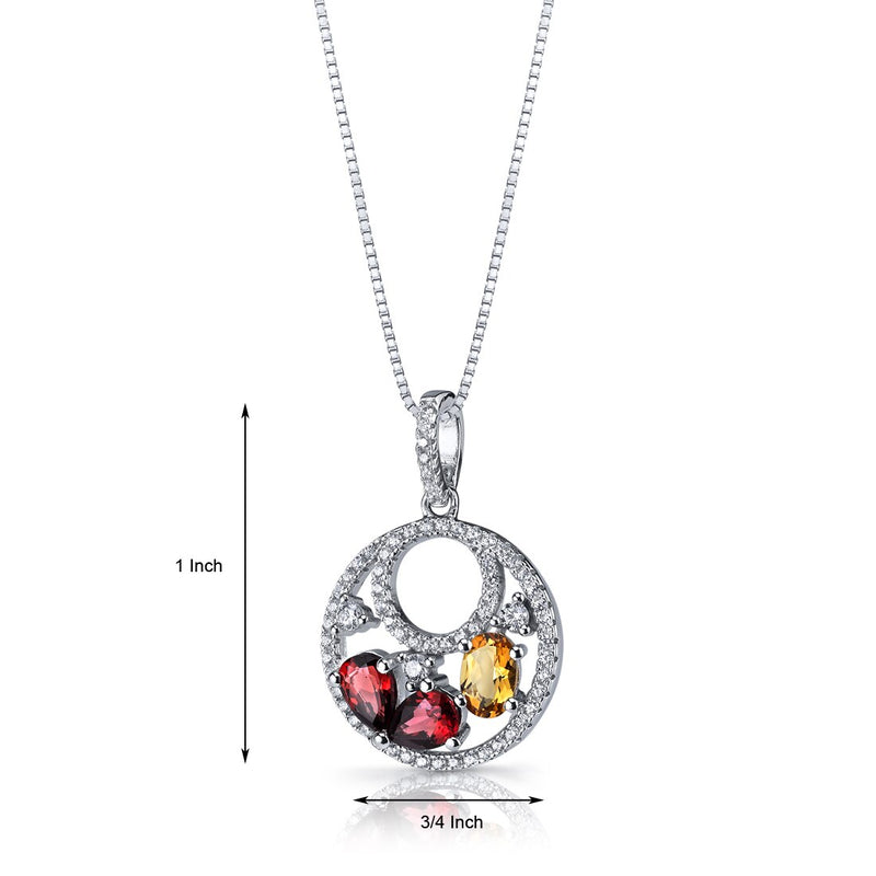 Garnet and Citrine Double Hoop Pendant Necklace Sterling Silver 1.5 Carats