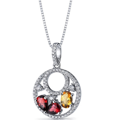 Garnet and Citrine Double Hoop Pendant Necklace Sterling Silver 1.5 Carats
